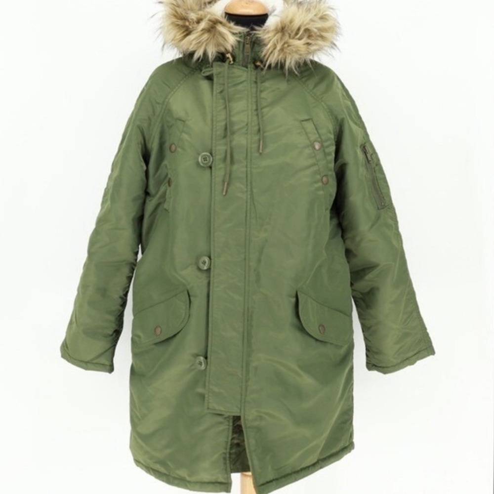 American Eagle Army Green Fur Hood Parka Jacket Military Style Medium‎ NWOT